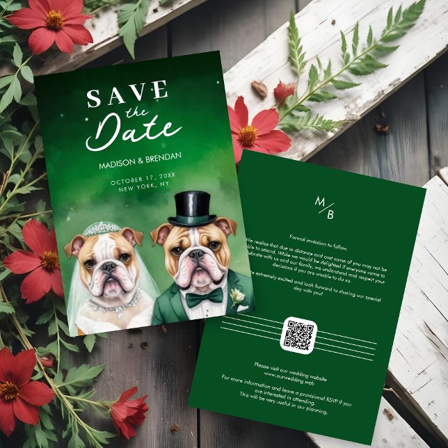 Reserva La Fecha Funny Bulldog Wedding Couple Cartoon Green Shades (Funny Bulldog Wedding Couple Cartoon Save the Dates Cards in Green Shades. )