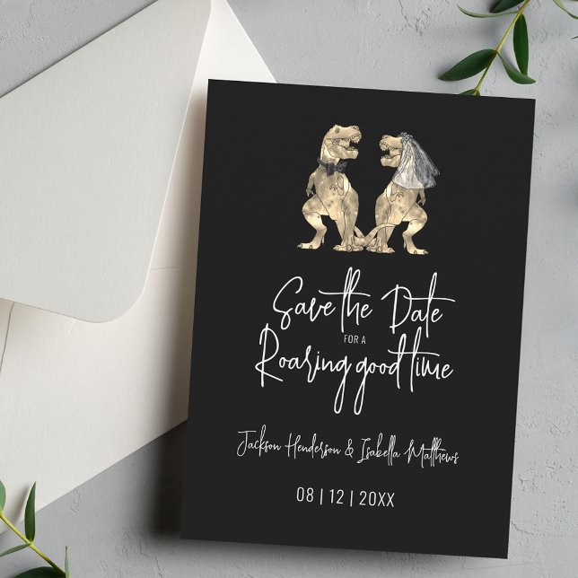Reserva La Fecha Funny Dinosaur Boda Black and White (Funny Dinosaur theme wedding save the date black & white invitation modern script T-Rex dino couple)