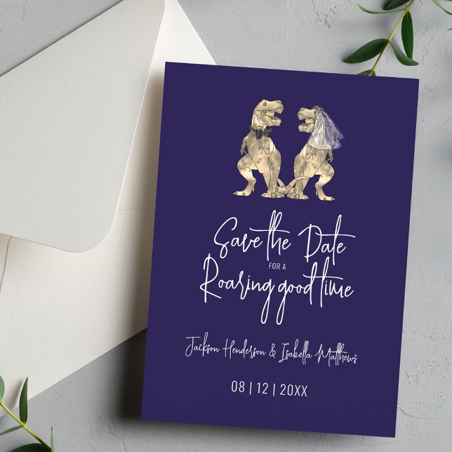 Reserva La Fecha Funny Dinosaur Boda Navy Blue (Funny Dinosaur wedding save the date navy blue white invitation Modern script T-Rex bride and groom)