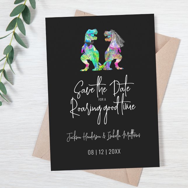 Reserva La Fecha Funny Dinosaur Wedding Black and White (Funny T-Rex bride and groom dinosaur wedding save the date for a roaring good time quote psychedelic)