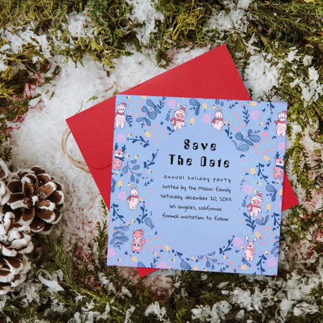 Reserva La Fecha Funny Woodland Friends  Blue Winter Forest Pattern (Subido por el creador)