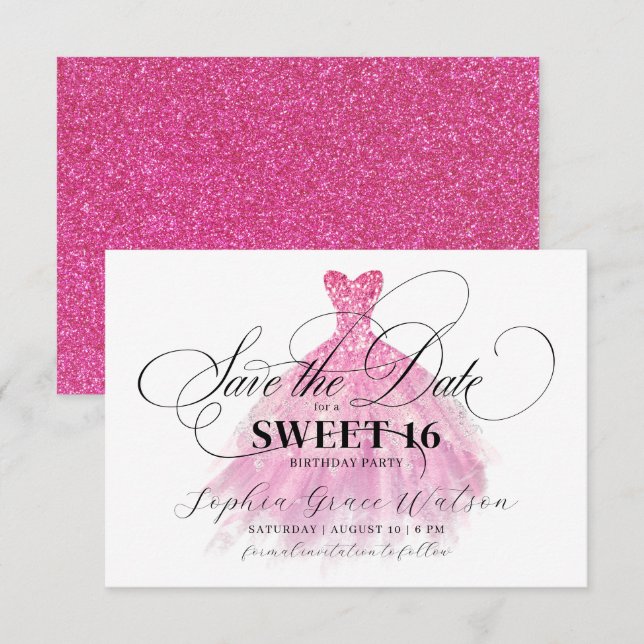 Reserva La Fecha Fuschia Purpurina Elegante Vestido Dulce 16 Cumple (Anverso / Reverso)