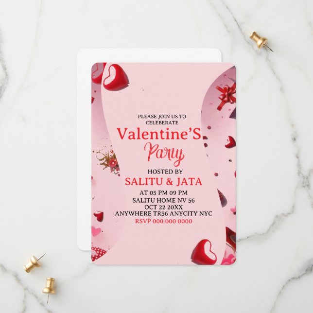 Reserva La Fecha Galentine’s Party Invitation, Pink Heart & Bow Bir (Anverso/Reverso In Situ)