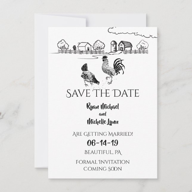 Reserva La Fecha Gallo de pollo, Hen | Boda de granja blanca y negr (Anverso)