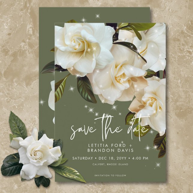 Reserva La Fecha Gardenias blancas modernas en Boda de espuma de sa (Modern White Gardenias on Sage Sparkle Wedding Save The Date)