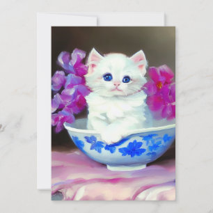 Reserva La Fecha Gatito blanco vintage con flores rosas