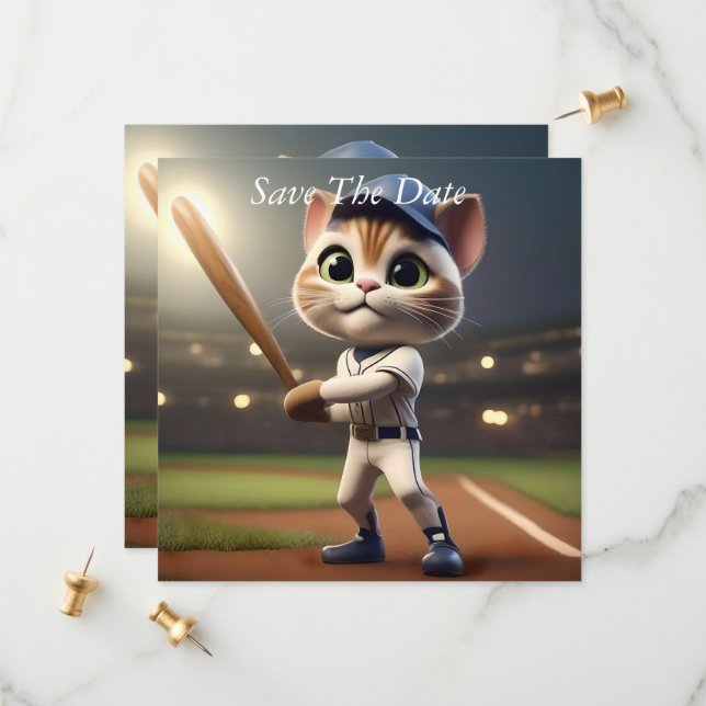 Reserva La Fecha Gato De Béisbol Gracioso En 3D, (Anverso/Reverso In Situ)