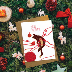 Reserva La Fecha Gato Feliz Navidad - Gato Juguetón con Cintas Roja