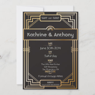 Reserva La Fecha Gatsby de oro y negro Art Deco Guardar la fecha