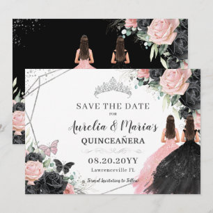 Reserva La Fecha Gemelos florales de rosas negras Quinceanera dulce
