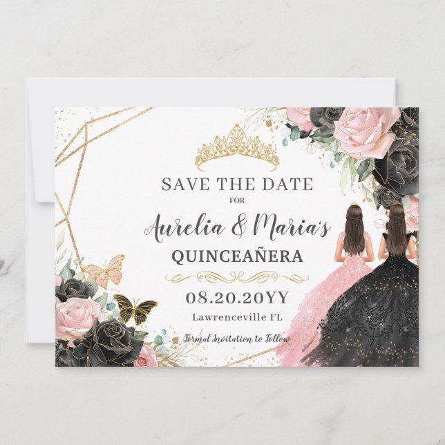 Reserva La Fecha Gemelos florales de rosas negras Quinceanera dulce (Anverso)