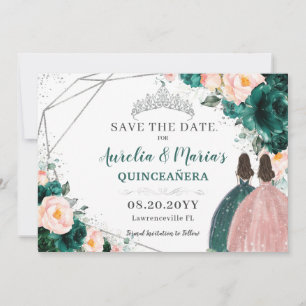 Reserva La Fecha Gemelos florales de Rubor esmeralda Quinceanera du