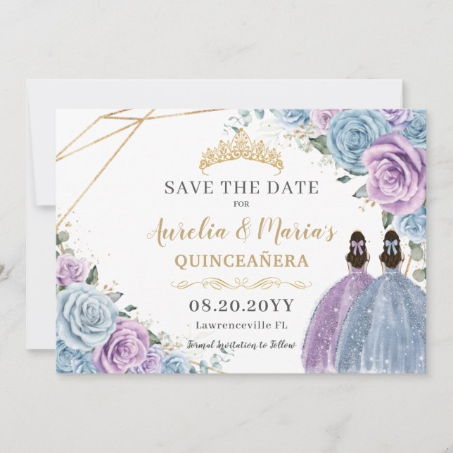 Reserva La Fecha Gemelos florales morados y azules Quinceanera dulc (Anverso)