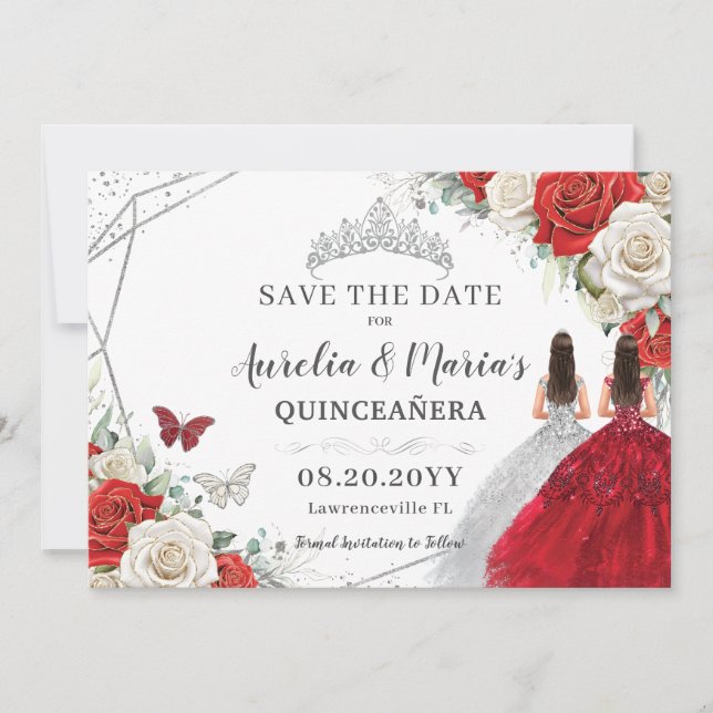 Reserva La Fecha Gemelos florales rojos Plata Quinceanera dulce 16 (Anverso)