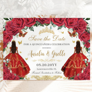 Reserva La Fecha Gemelos Quinceañera Princesas Rojas Roses Floral G