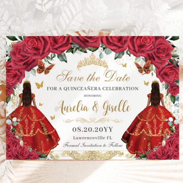 Reserva La Fecha Gemelos Quinceañera Princesas Rojas Roses Floral G (twins quinceanera red roses floral birthday save the date cards brunette girls dresses gold crown)
