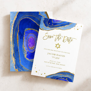 Reserva La Fecha Geoda de acuarela azul con oro   Bar Mitzvah