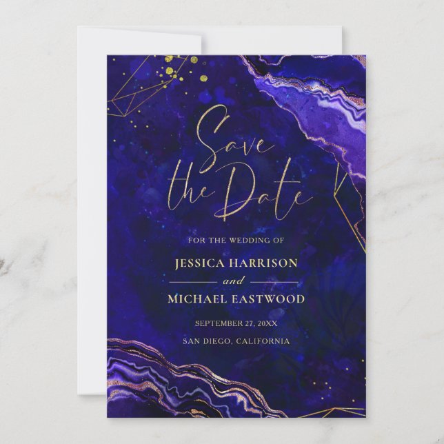 Reserva La Fecha Geode Geométrico Moderno Blue Purple Rosa Gold Aga (Anverso)