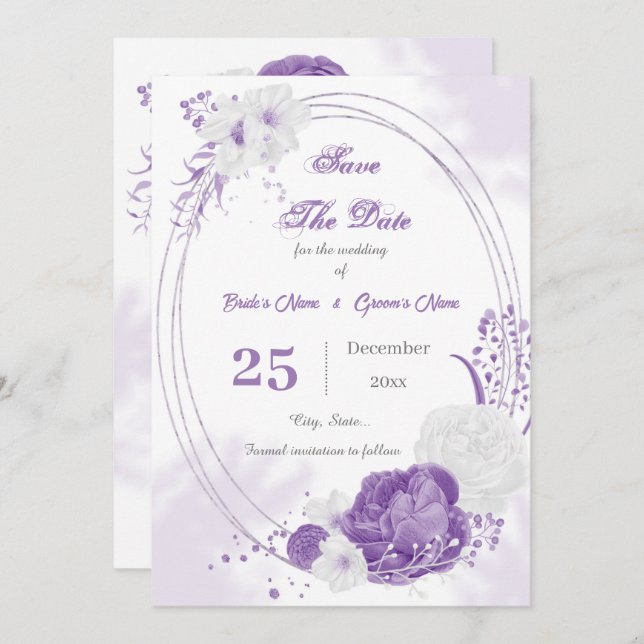 Reserva La Fecha geométrico floral morado romántico (Anverso / Reverso)