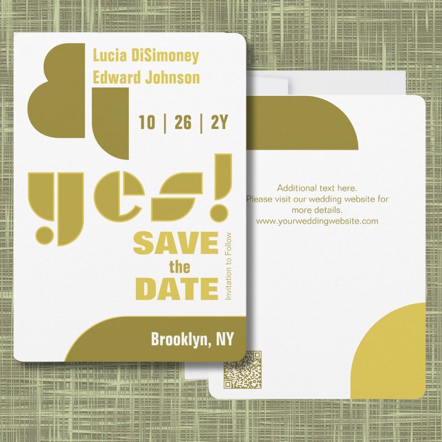 Reserva La Fecha ¡Geométrico moderno sí! White Save the Date Card (Modern Sophisticated Olive Green Yes! Wedding Save the Date. Abstract Shapes. Geometric Typography.)
