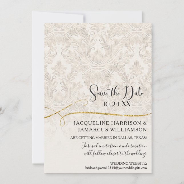 Reserva La Fecha Gilded Scroll Damask Marfil Dorado Save the Date (Anverso)