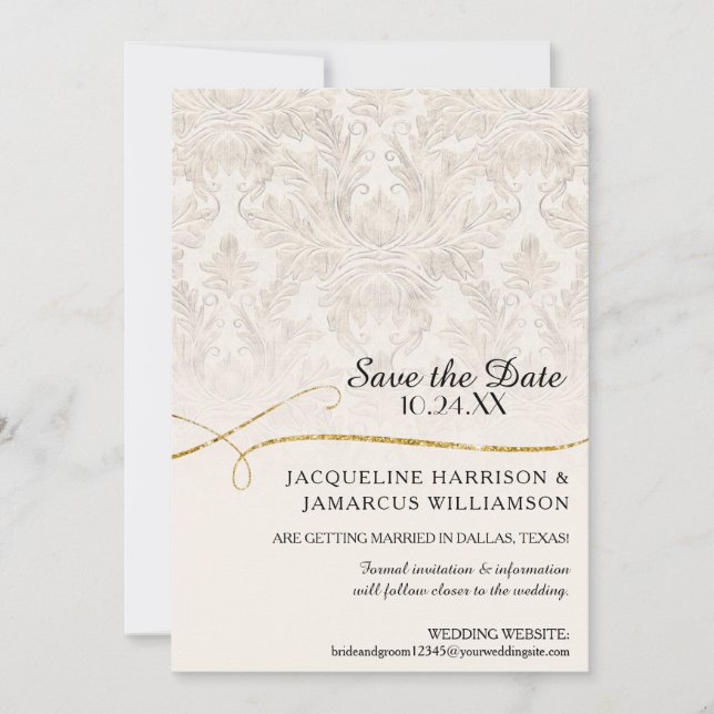 Reserva La Fecha Gilded Scroll Damask Marfil Dorado Save the Date (Anverso)