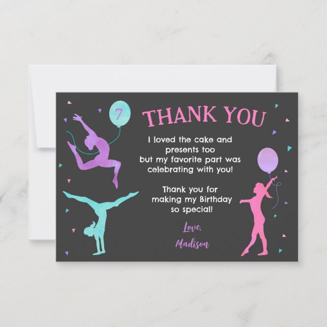Reserva La Fecha Gimnasia Gimnast Birthday Party Gracias Cartas (Anverso)