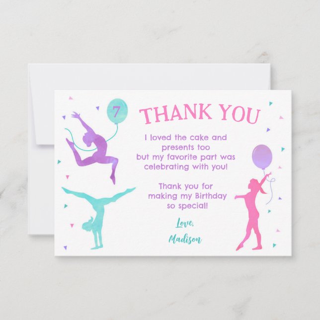 Reserva La Fecha Gimnasia Gimnast Birthday Party Gracias Cartas (Anverso)