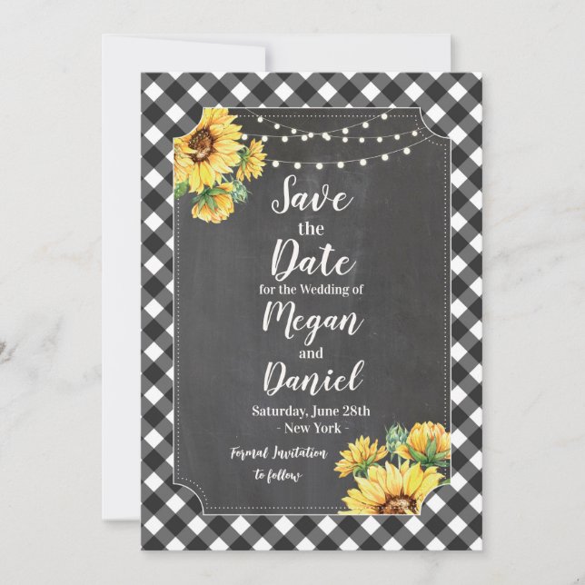 Reserva La Fecha Gingham de girasol en tiza negro blanco Save The D (Anverso)