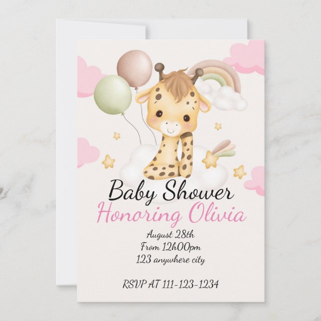 Reserva La Fecha Giraffe rosa chica ducha de bebé (Anverso)