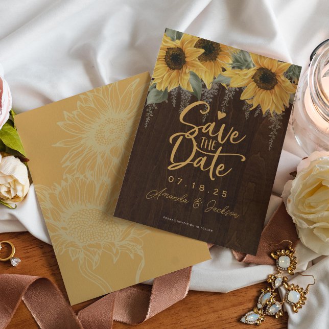 Reserva La Fecha Girasol Rústico, Boda de Caída del País (Sunflower wedding save the date cards. For rustic wedding in summer and fall seasons.)
