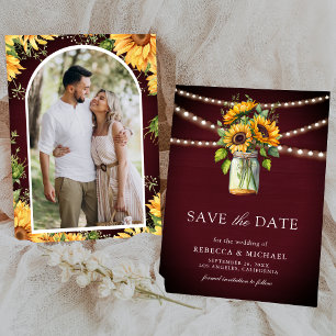 Reserva La Fecha Girasoles Borgoña Foto en Tarro de Mason para Boda