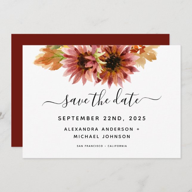 Reserva La Fecha Girasoles Borgoña País Boda Acuarela (Anverso / Reverso)