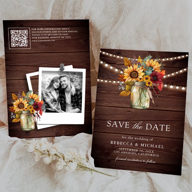 Reserva La Fecha Girasoles de Borgoña Madera Código QR Foto de Boda (Subido por el creador)