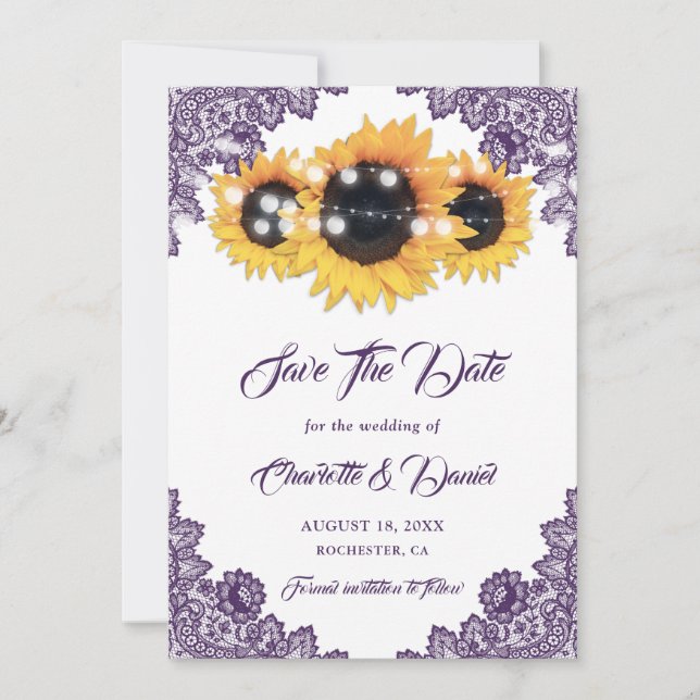 Reserva La Fecha Girasoles Morados de Encaje Floral Boda Rústica (Anverso)