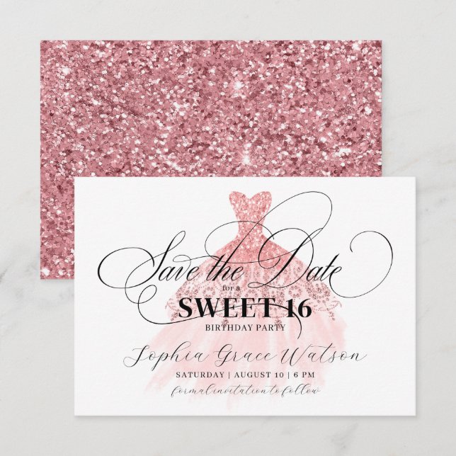 Reserva La Fecha Girly Rosa Purpurina de oro vestido dulce 16 cumpl (Anverso / Reverso)