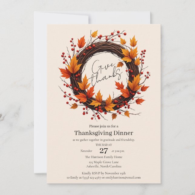 Reserva La Fecha Give Thanks Autumn Wreath Thanksgiving Invitation  (Anverso)