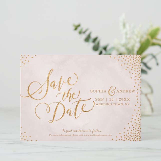 Reserva La Fecha Glam blush rosa oro caligrafía guardar la fecha (Anverso de pie)