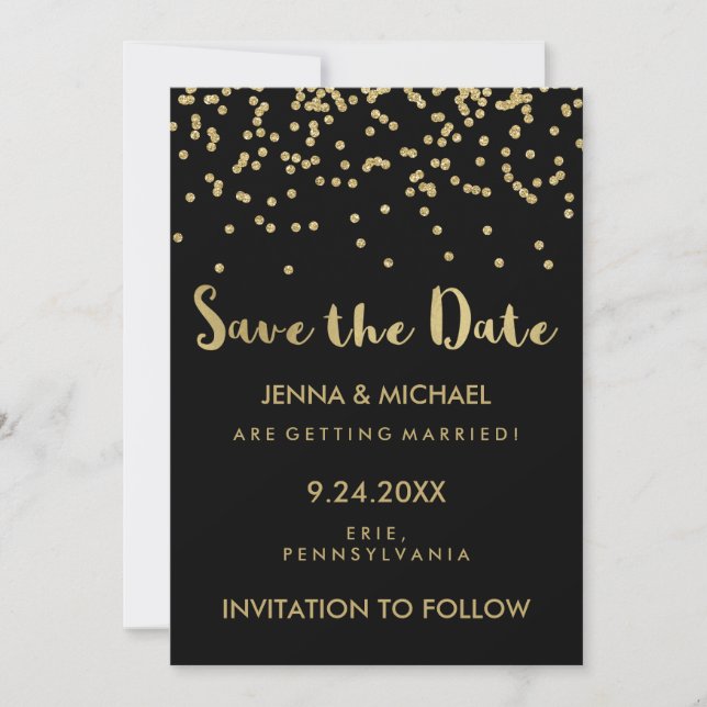 Reserva La Fecha Glam Gold Confetti Wedding Save the Date on Black (Anverso)