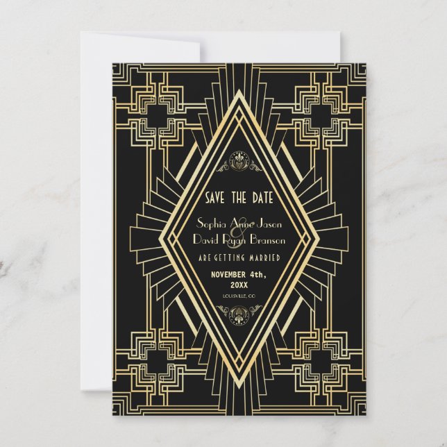 Reserva La Fecha Glam Gold y Black Great Gatsby Save the Date (Anverso)