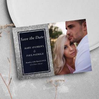 Reserva La Fecha Glam purpurina azul marino plata foto Save The Dat