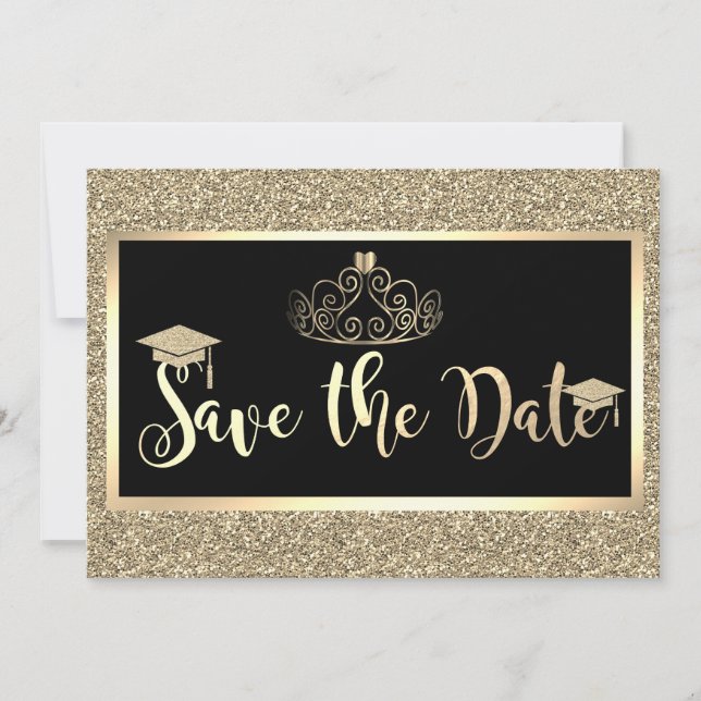 Reserva La Fecha Glitter dorado, Tiara Graduación Save The Date (Anverso)