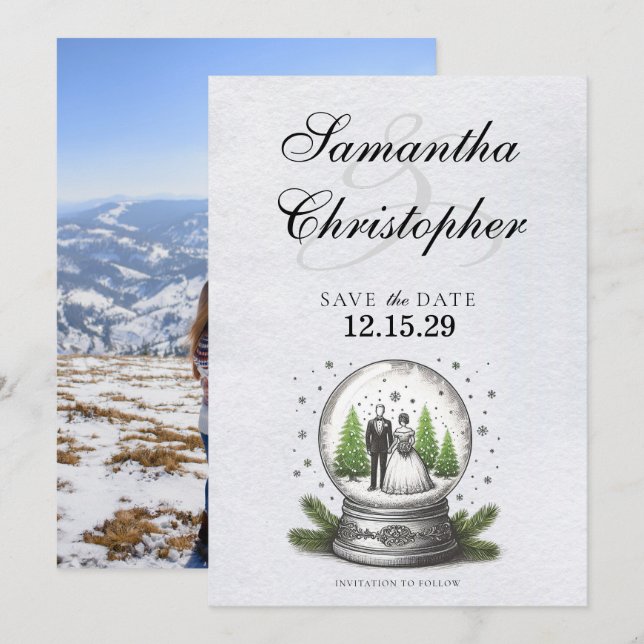 Reserva La Fecha Globe de la Nieve de Novia y Groom (Anverso / Reverso)