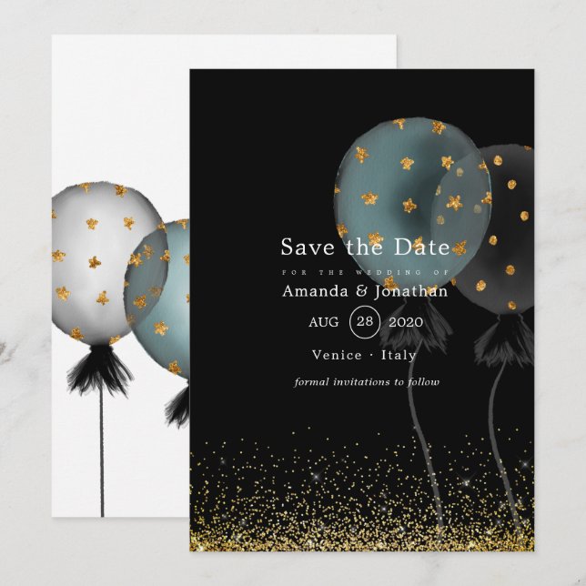 Reserva La Fecha Globo de boda con brillo negro y dorado (Anverso / Reverso)