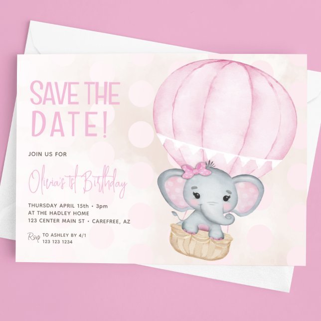 Reserva La Fecha Globo de Elefante Rosa Lindo Cumpleaños 1 (Subido por el creador)