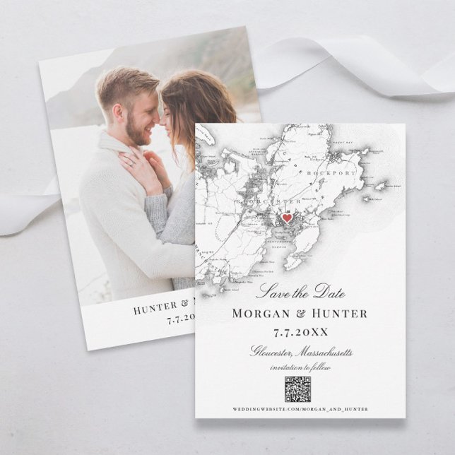 Reserva La Fecha Gloucester Cape Ann Save the Date Elegant código Q (Black and White Gloucester map save the dates with elegant QR code)