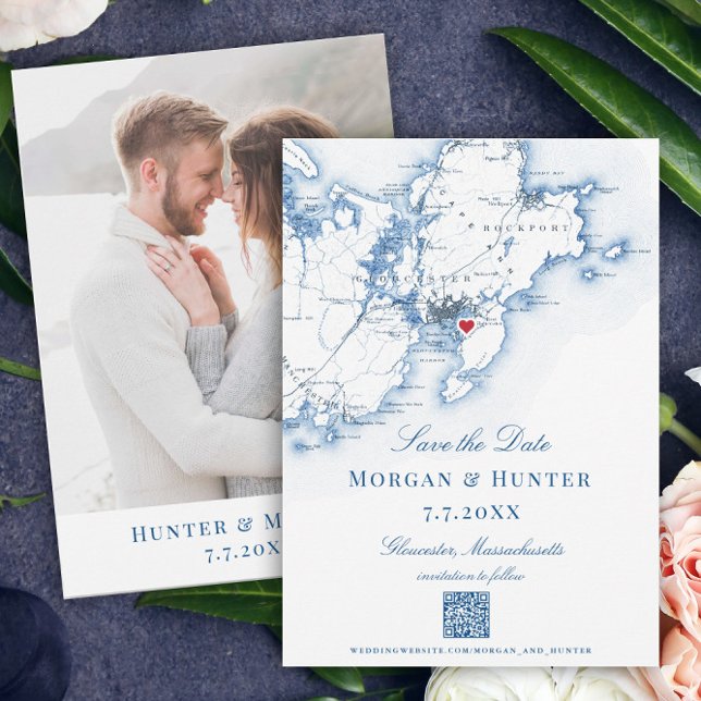 Reserva La Fecha Gloucester Cape Ann Save the Date Elegant código Q (These Gloucester, MA map save the dates feature a QR code, and are perfect for destination weddings)