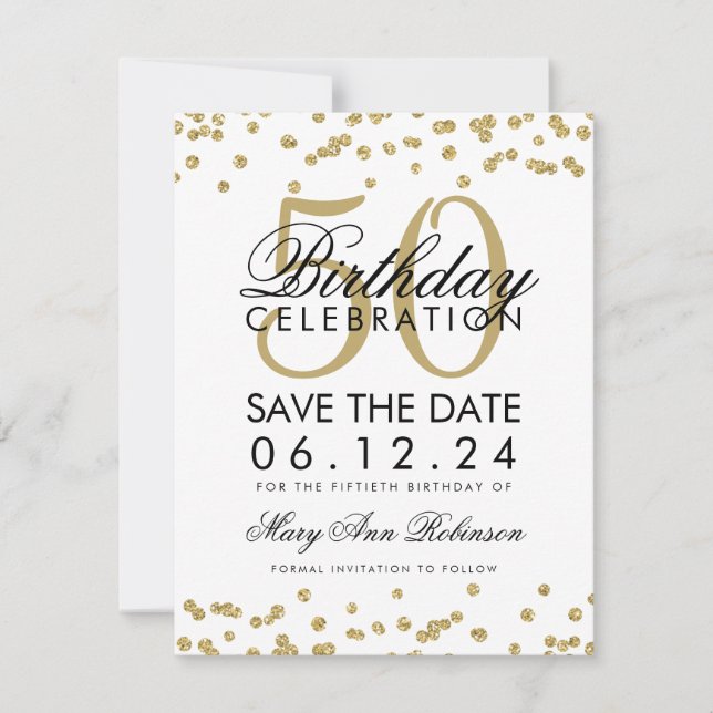 Reserva La Fecha Gold 50 Cumpleaños Save Date Confetti (Anverso)