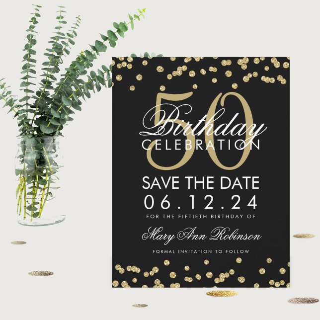 Reserva La Fecha Gold 50 cumpleaños Save Date Confetti Black (Subido por el creador)