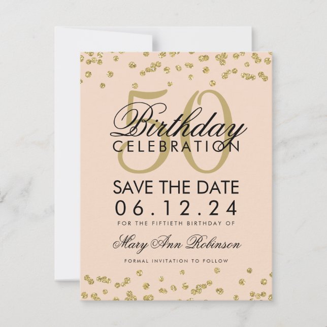 Reserva La Fecha Gold 50 cumpleaños Save Date Confetti Rubor Pink (Anverso)